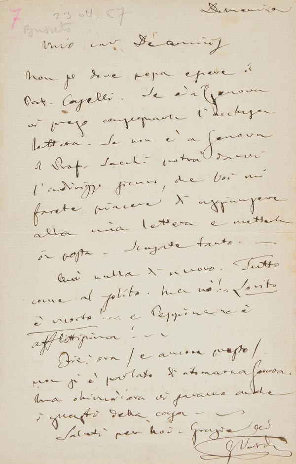 * Verdi (Giuseppe, 1813-1901). Autograph letter signed, ?G. Verdi?, no date, envelope postmarked