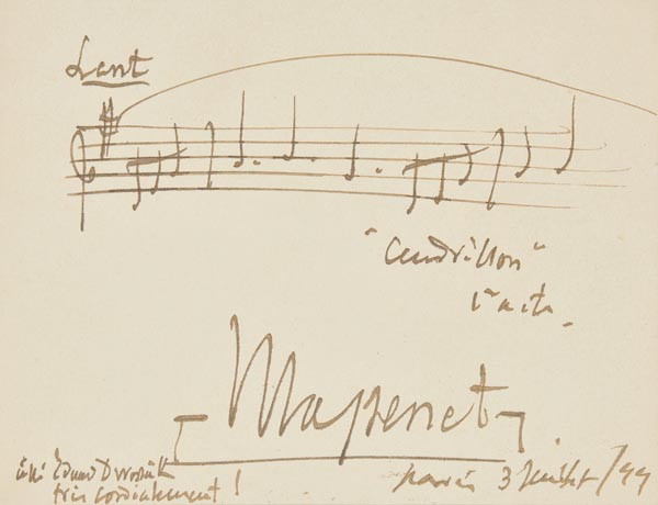 * Massenet (Jules, 1842-1912). Autograph musical quotation signed ?Massenet? and inscribed to