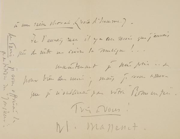 * Massenet (Jules, 1842-1912). Autograph letter signed, 20 June, no place and no year, in French,