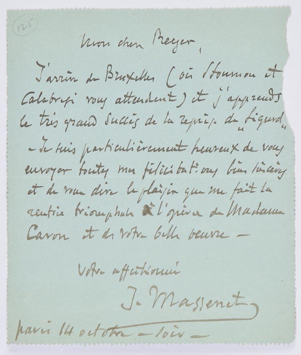 * Massenet (Jules, 1842-1912). Autograph letter signed ?J. Massenet?, Paris, 14 October, [1884], to