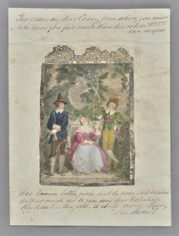 * Valentines. A pair of rare handmade leaf Valentines, c.1790, the first featuring two gentlemen