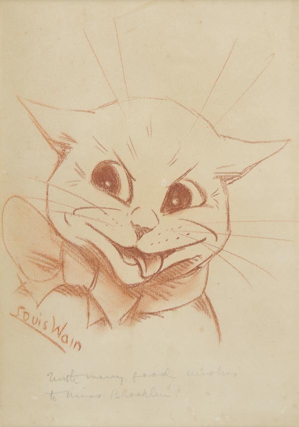 * Wain (Louis, 1860-1939). Smiling Cat with Bow, red chalk drawing of a smiling cat with a large