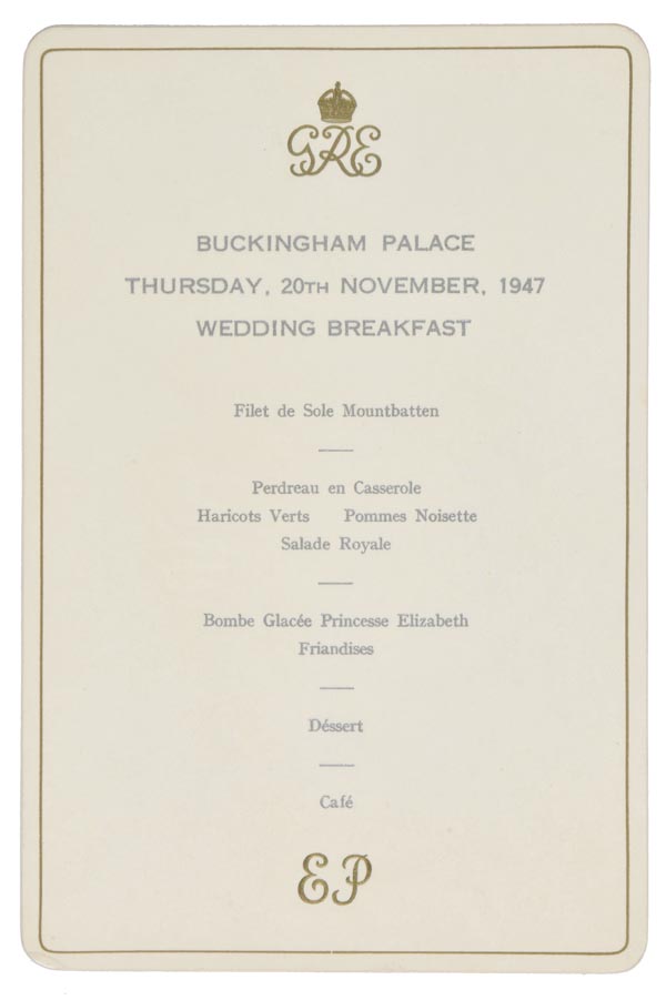 *Royal Menu - Queen Elizabeth II. Buckingham Palace, Thursday 20th November, 1947,. Wedding