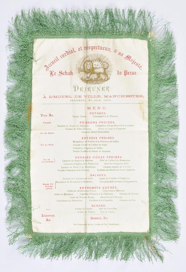 *Royal Menu - Shah of Persia. A silk menu for a lunch at Manchester Town Hall, commemorating the