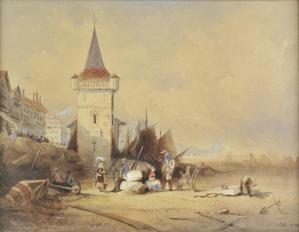 *English school. French beach scene with tower, c.1840, watercolour, heightened with bodycolour,