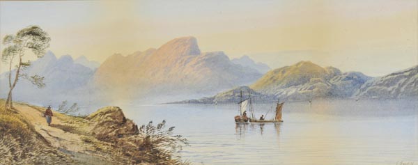 *Earp (Edwin, 1851-1945). Lakeland landscape with boats and fishermen, 1876, watercolour, signed and