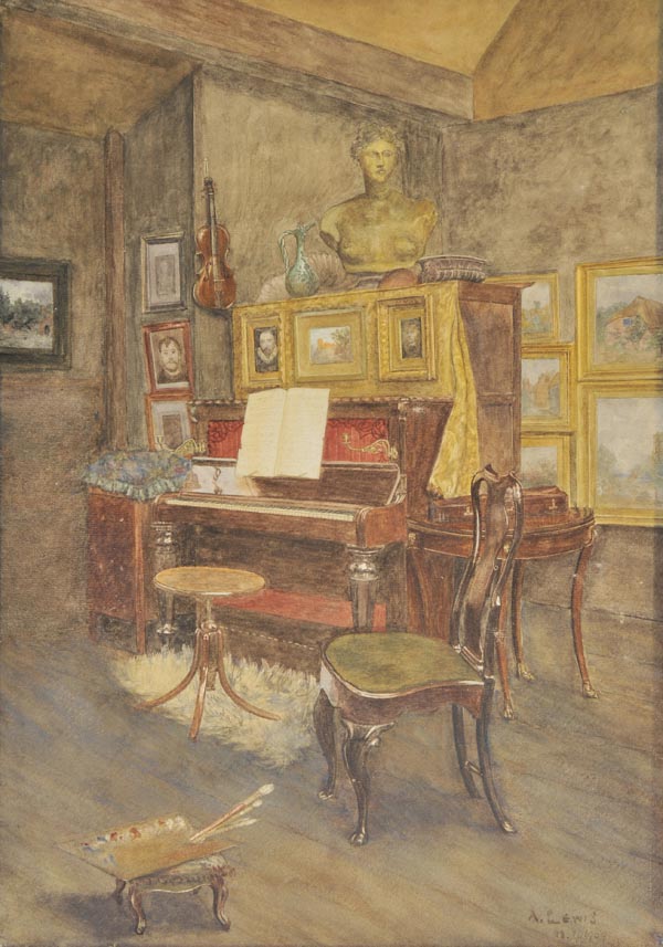 *Lewis (A., 19th century). Interior scene depicting the various arts, with upright piano, violin,