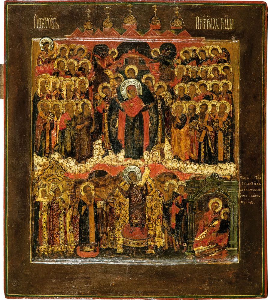 A finely painted icon with the Pokrov Mother of God. Central Russia, end of 17th / beginning of 18th