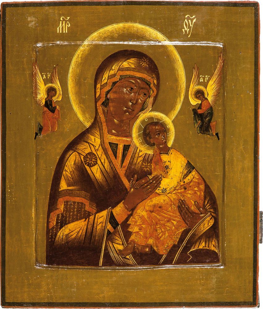 A finely painted icon showing the Mother of God of Passion. Tempera on gesso on wood panel with