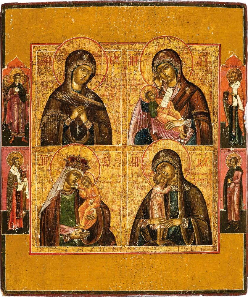 A quadri-partite Icon. Russia, early 19th century. Tempera on gesso on wood panel with kovcheg and