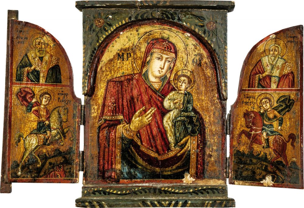 Triptych. Greece, 18th century. Tempera on wood panel with gesso, partially gilded. In the center