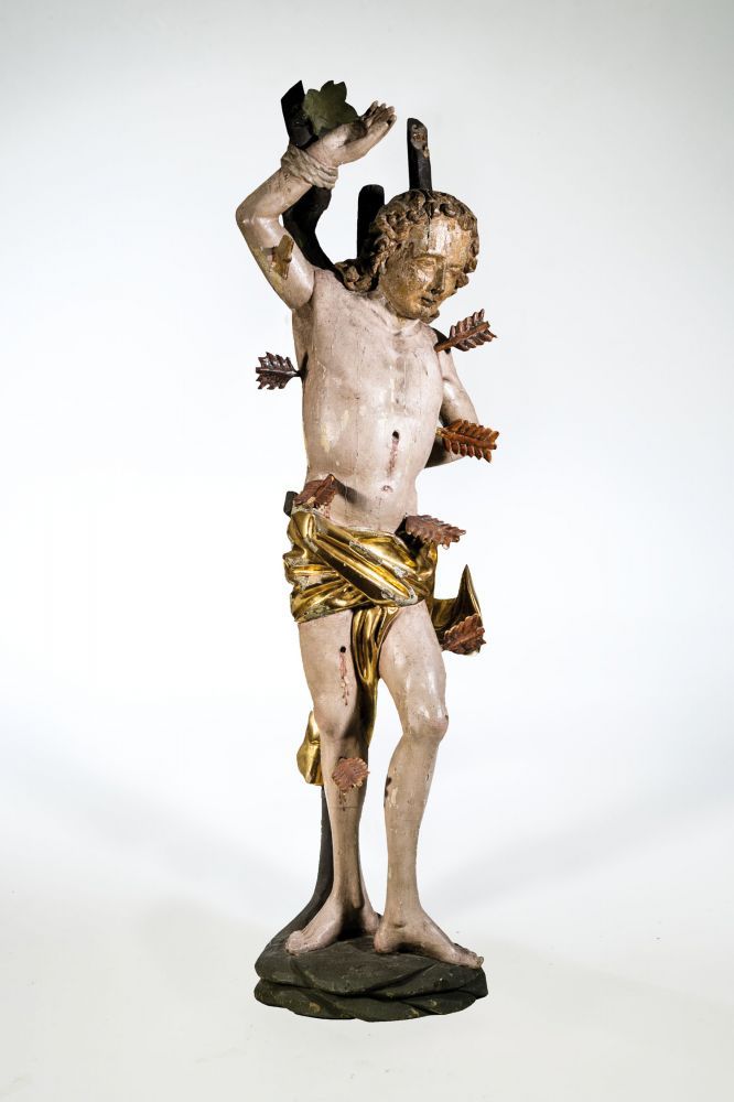 Heiliger Sebastian Tirol, Umkreis von Michael Pacher, 2. Hälfte 15. Jh. Holz, geschnitzt, gefasst,