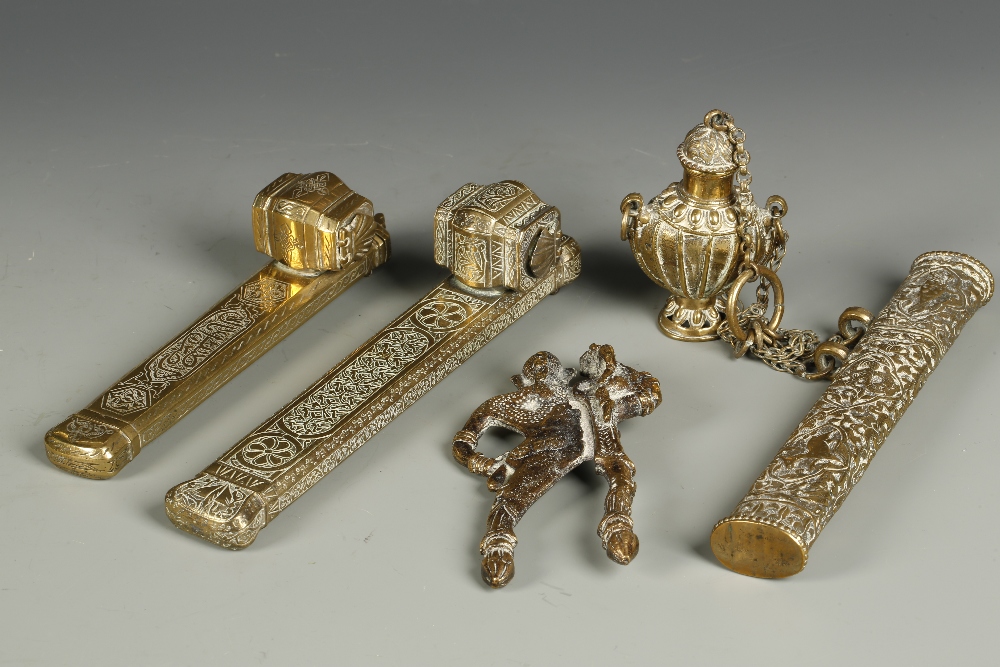 THREE ISLAMIC METALWORK SCRIBES BOXES, two with the inkwell attached to the side, the other with