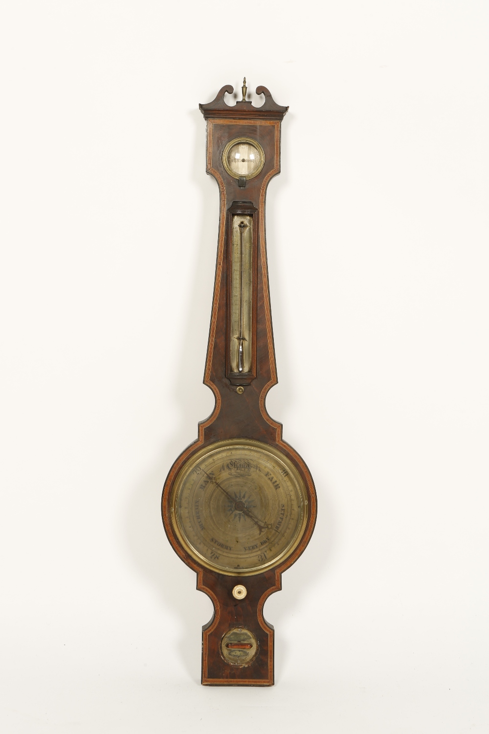 A GEORGE III MAHOGANY AND SATINWOOD STRUNG WHEEL BAROMETER, the level signed ""Lanfrini & Gageri,