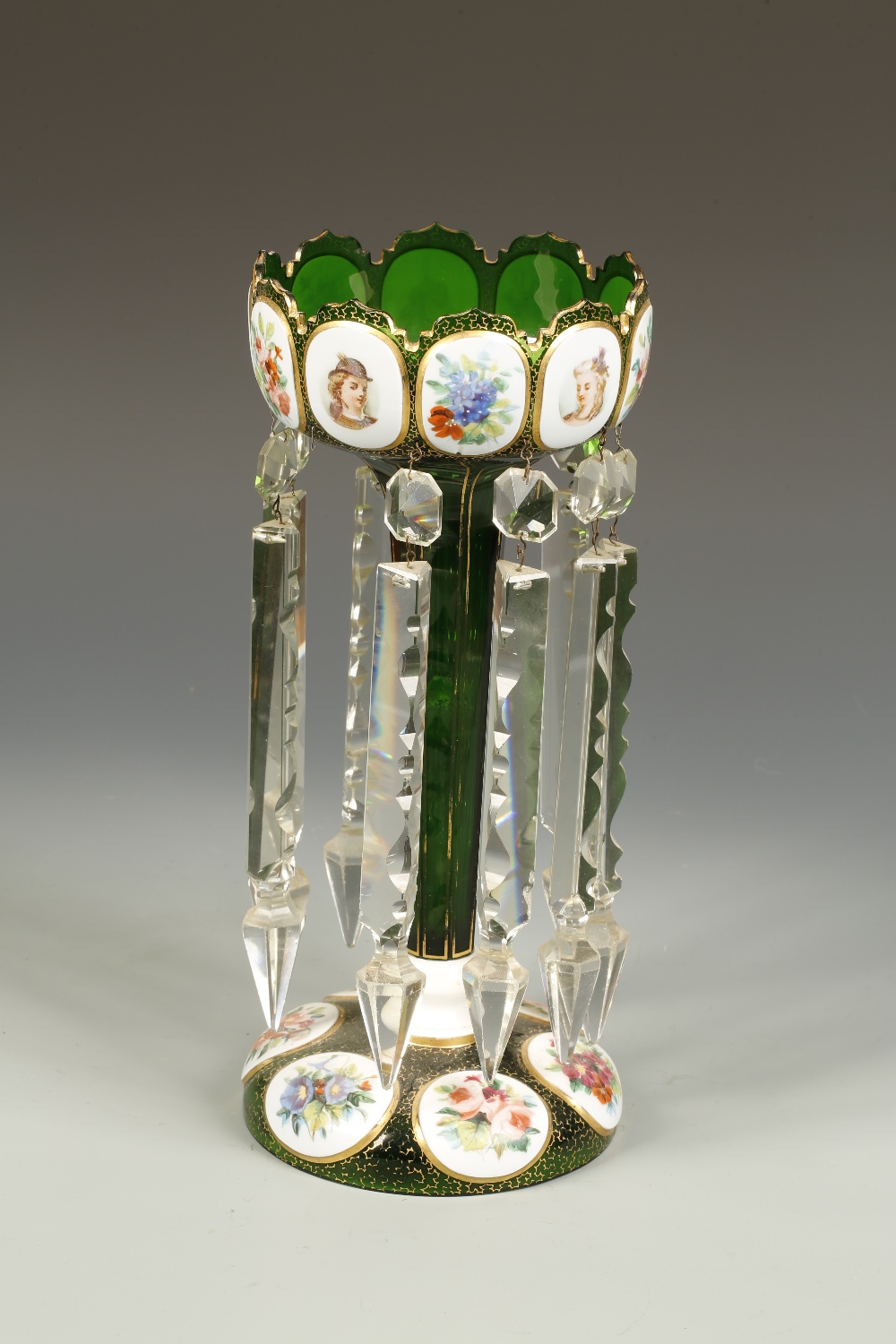 A BOHEMIAN GREEN AND ENAMELLED GLASS LUSTRE, the top decorated with painted roundels of