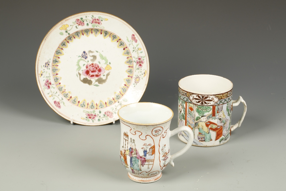 TWO CHINESE EXPORT FAMILLE ROSE MUGS, one of baluster form decorated with figures playing with