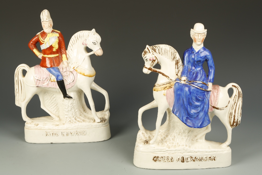 A PAIR OF STAFFORDSHIRE PORTRAIT FIGURES OF KING EDWARD AND QUEEN ALEXANDRA on horseback, each