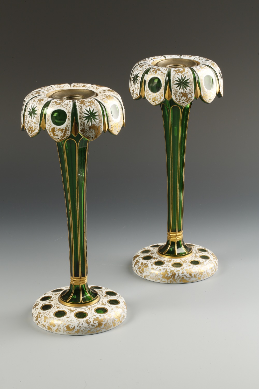 A PAIR OF VICTORIAN BOHEMIAN-STYLE LUSTRES, each of vase-shaped form with overhanging tops with