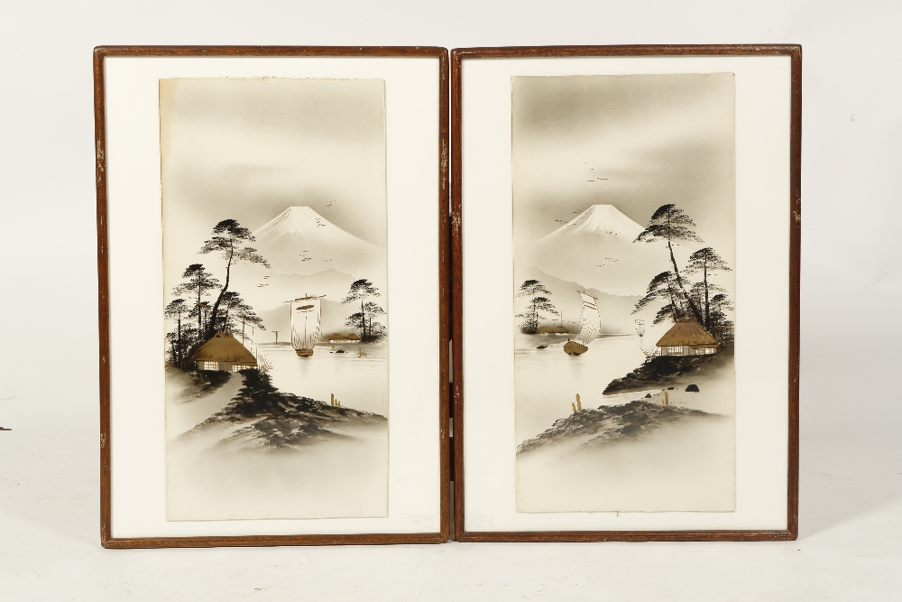 A PAIR OF JAPANESE STUDIES OF MT. FUJI showing a building beside a river in the foreground,