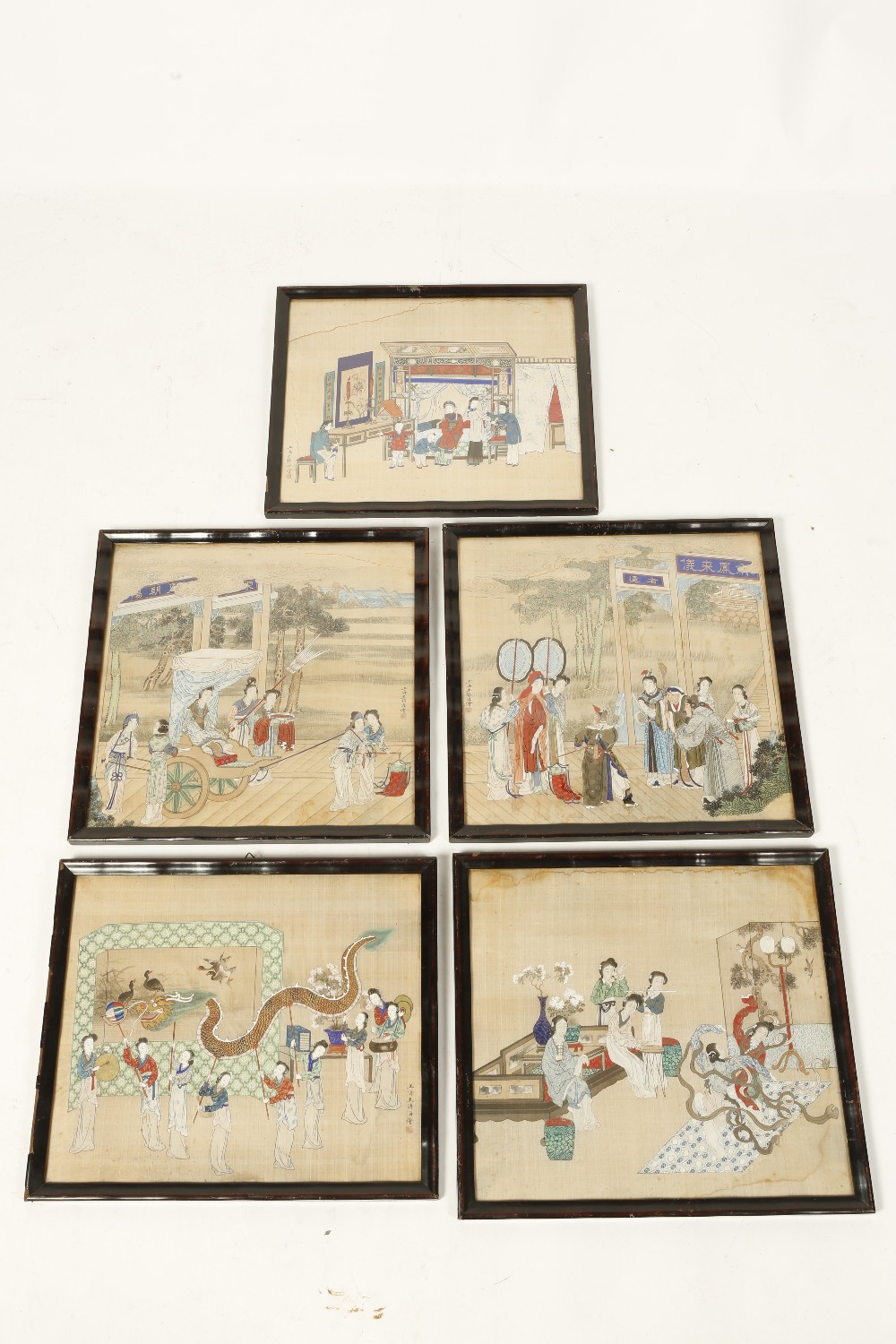 FIVE CHINESE NARRATIVE PAINTINGS showing various scenes of figures and attendants in interior and