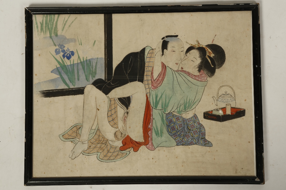 A JAPANESE EROTIC SHUNGA PAINTING depicting two lovers, watercolour and bodycolour on paper, 12" x