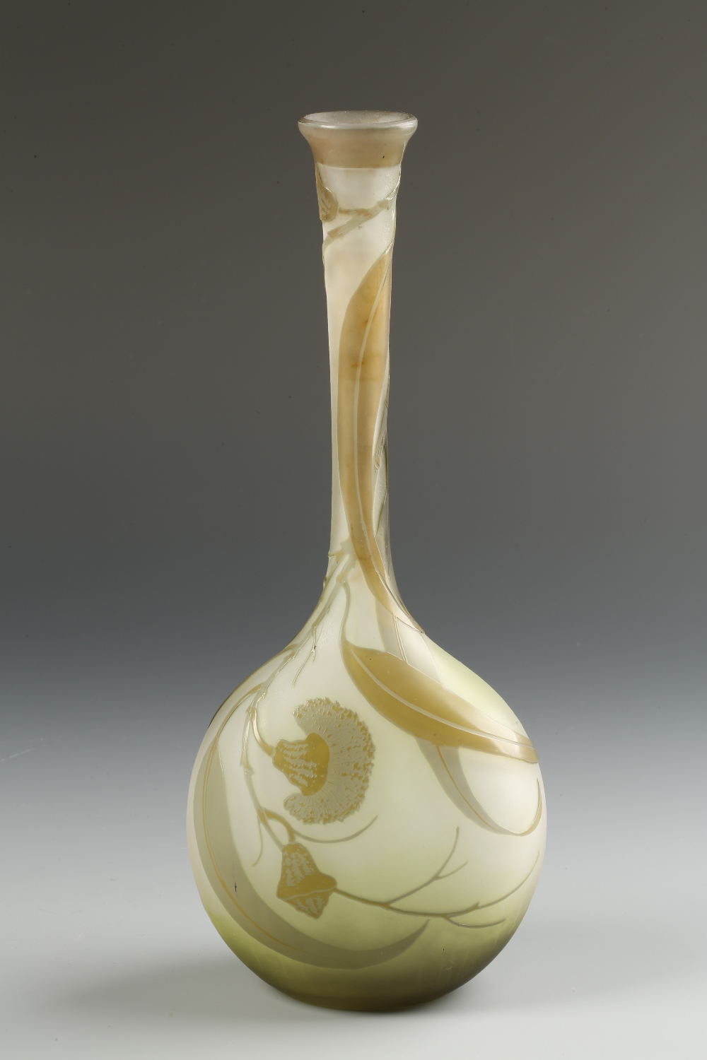 GALLE: A CAMEO GLASS VASE with a tall tapering neck and bulbous flat-sided body, all over