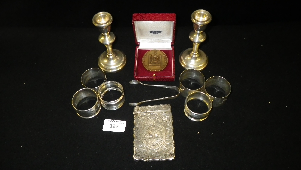 A collection of mixed silverware including a Victorian Birmingham silver engraved card case and a