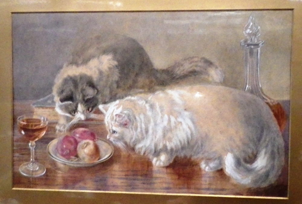 Minnie Rosa Bebb: Two kittens on a table, watercolour