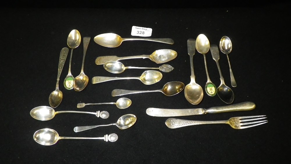 A quantity of mixed silver and white metal flatware including an engraved silver dessert fork