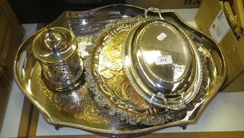 A plated galleried tray and other similar items