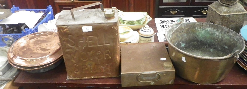 A vintage brass plated `Shell Motor` spirit petrol can and similar items of metalware