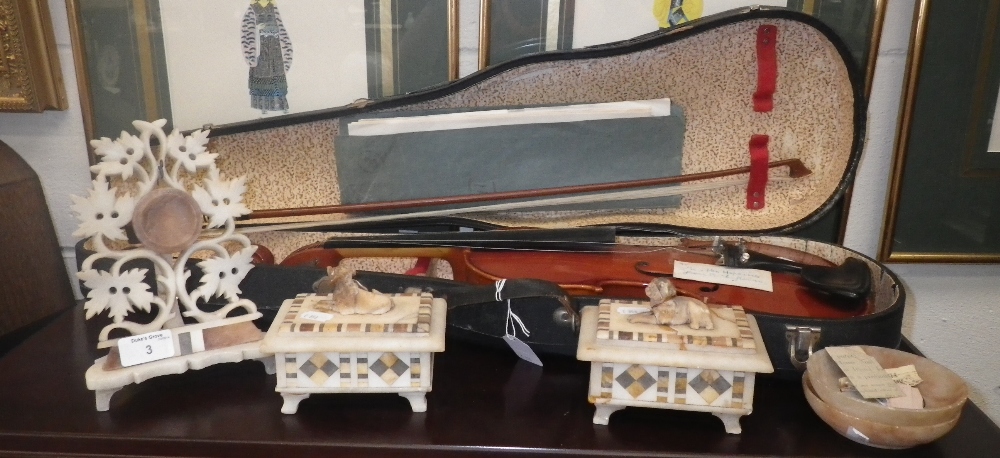 A violin in case, a Victorian alabaster watch stand and similar items