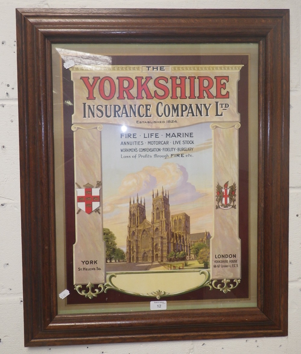 An early 20th century advertising board for `The Yorkshire Insurance Co Ltd` depicting Yorkminster