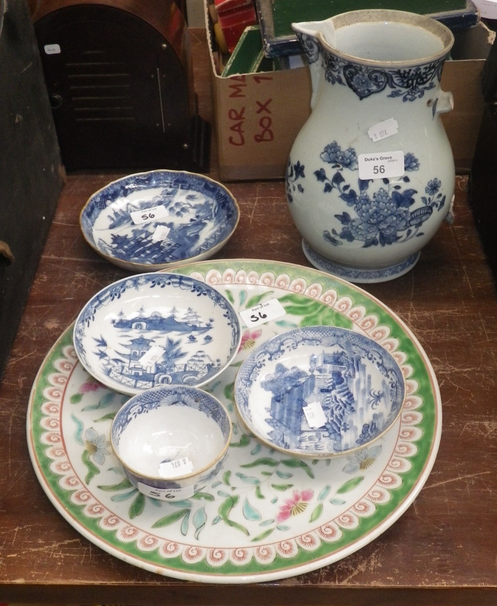 A New Hall type blue and white tea bowl and saucer, two similar saucers and other similar ceramics