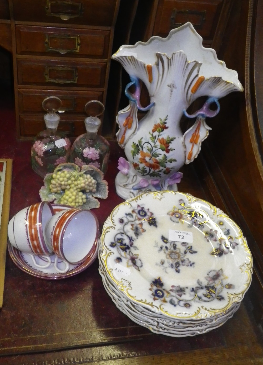 A collection of 19th century dessert plates, a Continental ceramic vase, a pair of scent bottles and