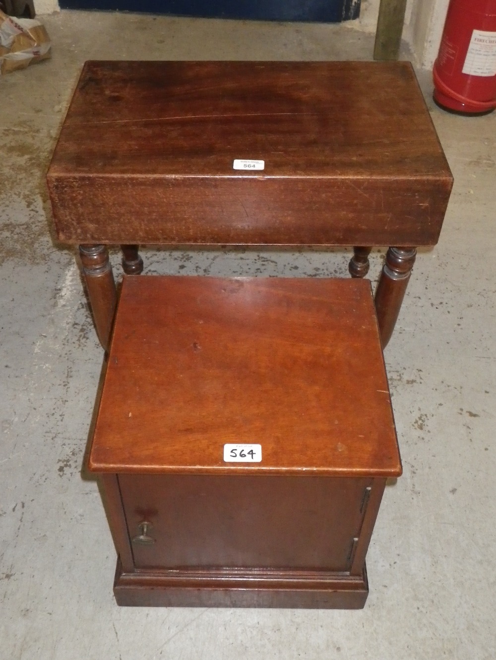 A 19th century mahogany bidet on turned screw-in legs and a similar cupboard.