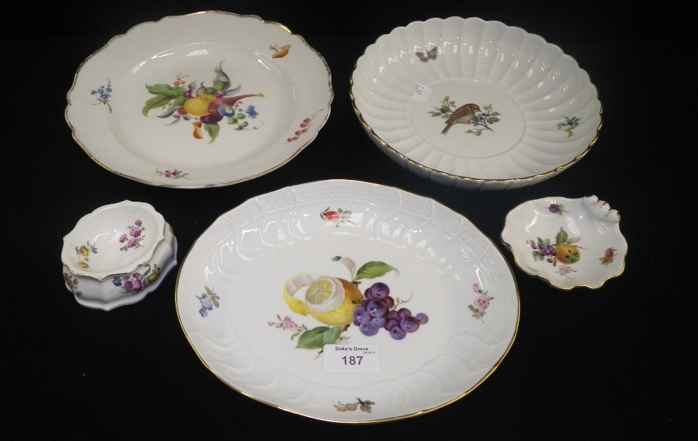 A collection of Meissen ceramics including a table salt and other items, with fruit and floral
