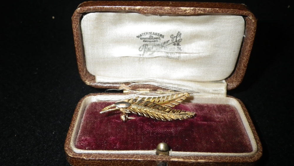 A 9ct yellow gold feather brooch in a fitted case.