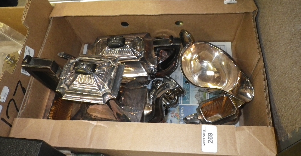 A four piece plated coffee and tea service and other similar metalwares.