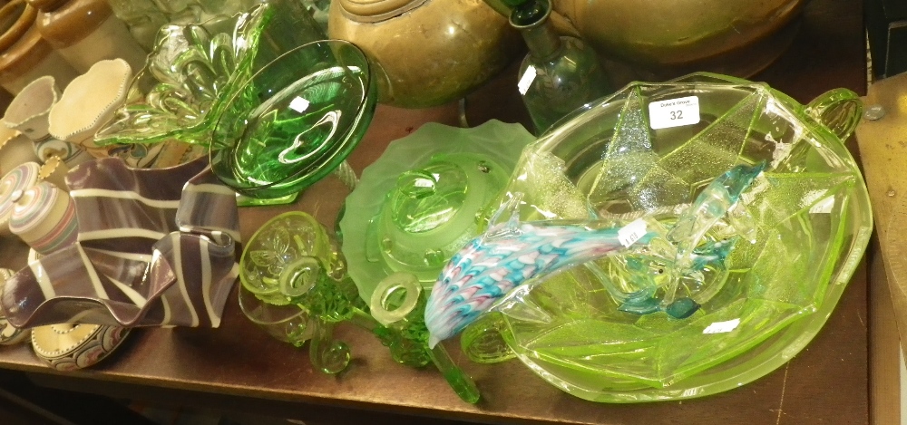 An Art Glass handkerchief bowl, a collection of Art Deco green glassware and similar glassware.