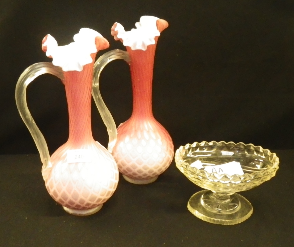 A pair of 19th century `satin-glass ewers` and a clear glass bowl.