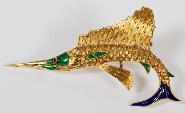 VINTAGE 18KT GOLD & ENAMEL SWORD FISH PIN, L 2 3/4"": 18kt yellow gold sword fish form pin,