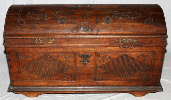 GERMAN CARVED OAK AND WROUGHT IRON, WEDDING CHEST, H 28"", W 49"", D 24"": German carved oak