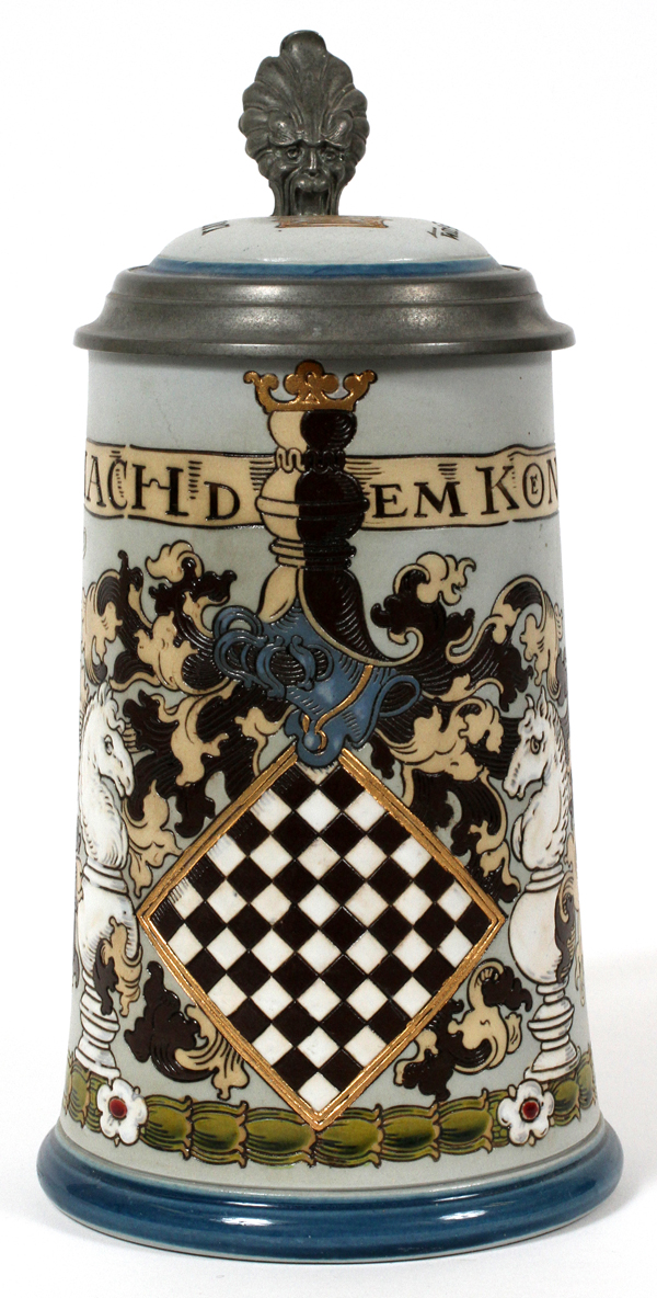 METTLACH STONEWARE STEIN, VILLEROY & BOCH, 1892, H 8", #2049, CHESSBOARD AND KNIGHT:  Pewter rim and