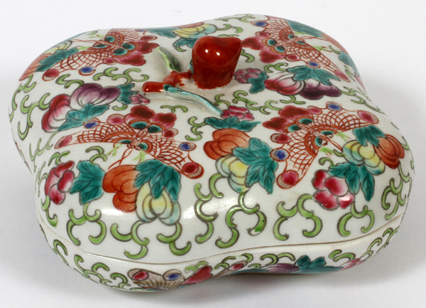 CHINESE HAND PAINTED PORCELAIN COVERED DISH, W 6":  Decorated in butterfly and floral motif.