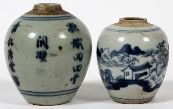 CHINESE BLUE & WHITE PORCELAIN JARS, TWO, H 3" & 3 3/4":  Both glazed in blue on white, including