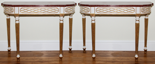 ITALIAN PARTIAL GILT CONSOLE TABLES, PAIR, H 37", W 36":  Fitted with rouge granite tops, partial