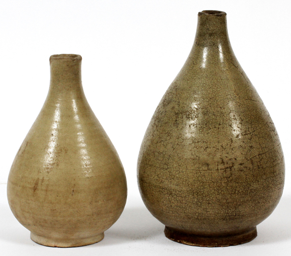 SOUTHEAST ASIAN CELADON CERAMIC VASES, TWO, H 6 1/2"-8":  Both are unmarked, measuring H. 6 1/2" and