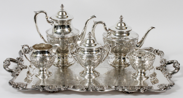 HAND CHASED STERLING SILVER TEA SET & PLATE TRAY, SEVEN PIECES:  Includes one coffee pot, height 9