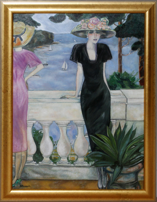 PETERSSON [CONTEMPORARY], OIL ON CANVAS, 1991, H 37" W 28", WOMEN ON VERANDA:  Signed and dated 1991